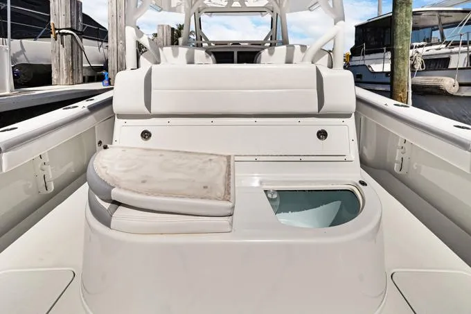 Seas The Day Yacht Photos Pics 2020 Yellowfin 39 Center Console boat interior with seating and storage.
