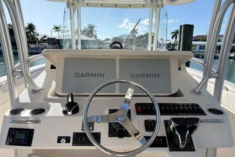 Repowered Yacht Photos Pics 2011 Grady-White Canyon 336 boat helm with Garmin navigation displays.