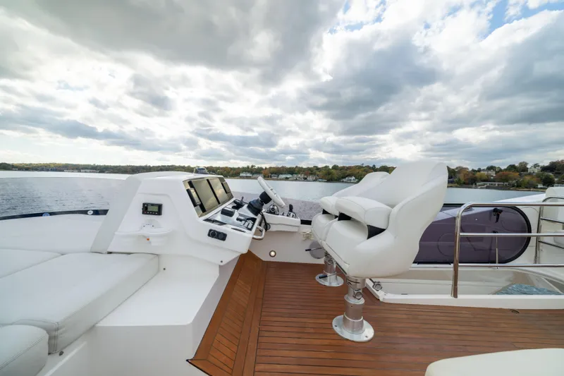In The Moment Yacht Photos Pics Luxurious 2018 Sunseeker Manhattan 52 yacht helm with scenic water view.