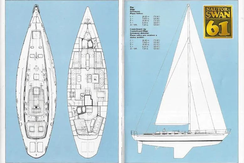 Yacht Photos Pics Blueprint and side view of 1990 Nautor Swan 61 sailboat design.