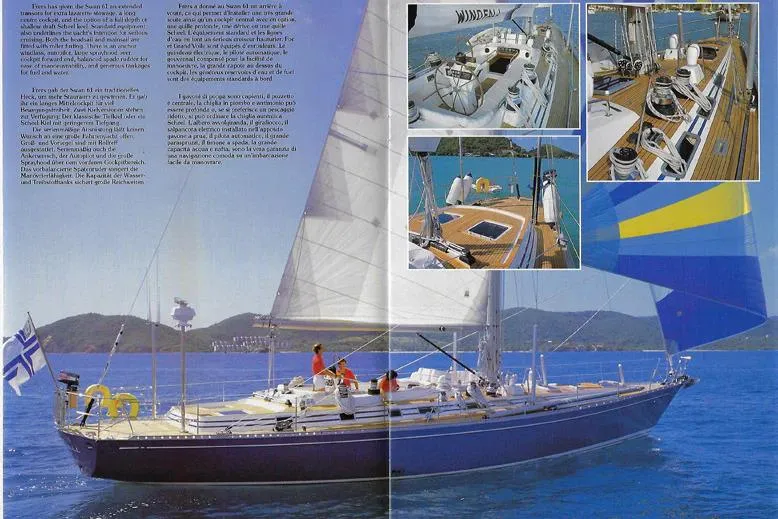  Yacht Photos Pics Sailing yacht Nautor Swan 61, 1990 model, cruising in clear blue waters with detailed deck views.