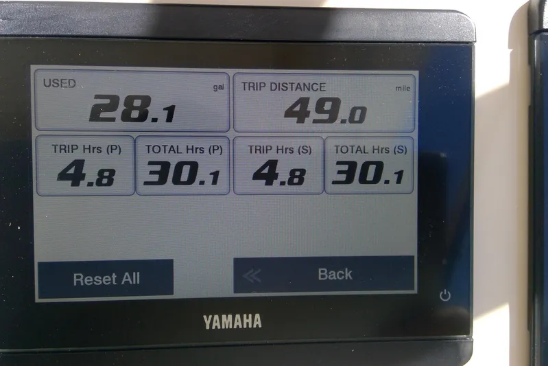  Yacht Photos Pics Yamaha display showing fuel usage and trip data for 2023 Grady-White Freedom 285.