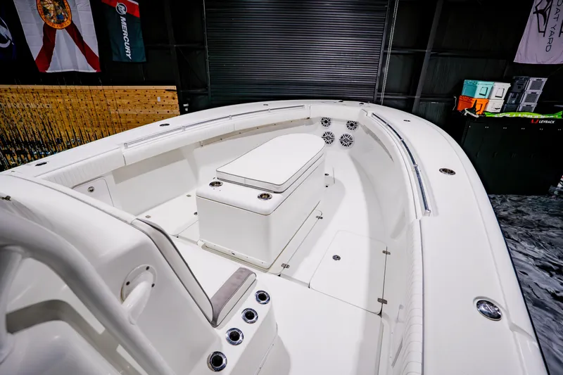  Yacht Photos Pics 2012 Yellowfin 39 Offshore boat interior with seating and storage compartments.