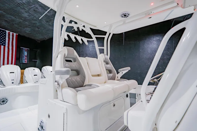  Yacht Photos Pics 2012 Yellowfin 39 Offshore boat interior with plush seating and modern design.