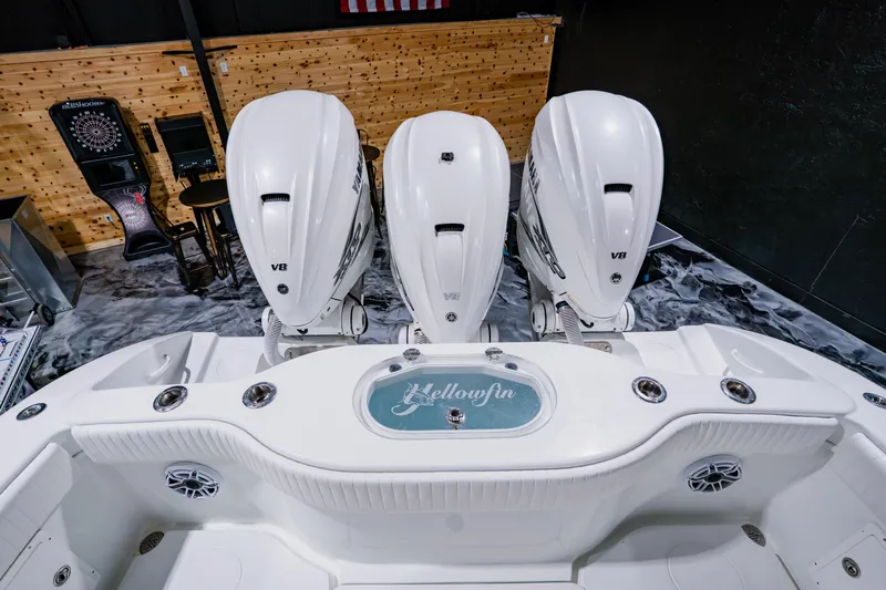  Yacht Photos Pics 2012 Yellowfin 39 Offshore boat with triple V8 engines, indoor setting.