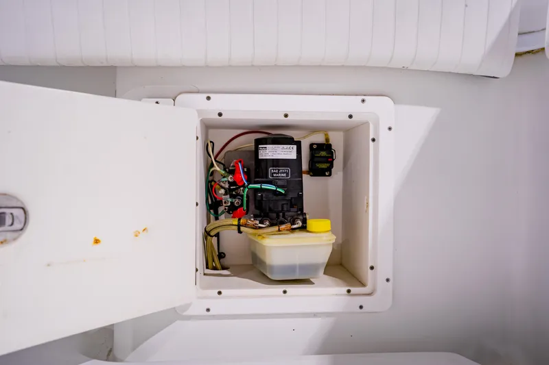  Yacht Photos Pics Electrical compartment of 2012 Yellowfin 39 Offshore boat, featuring wiring and components.