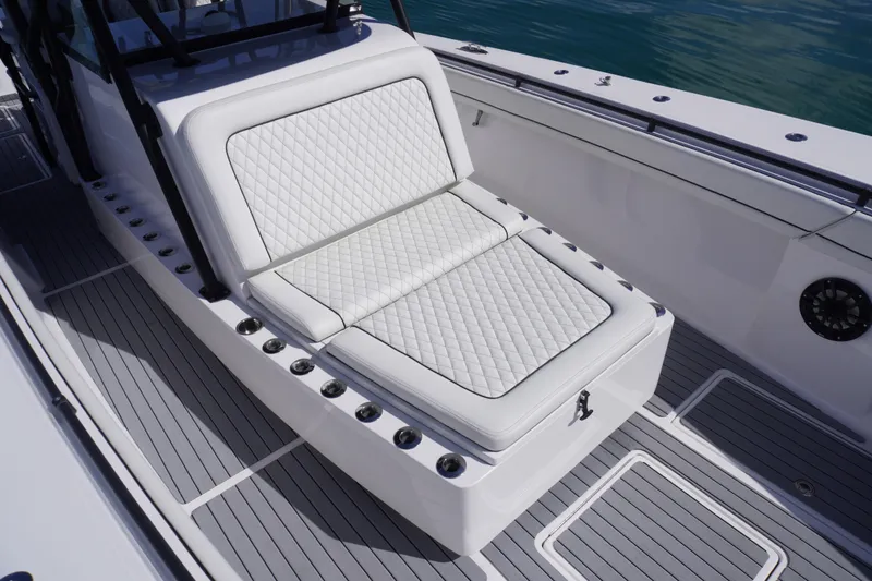  Yacht Photos Pics Luxurious seating on 2019 SeaHunter 45 Tournament boat with quilted white upholstery.