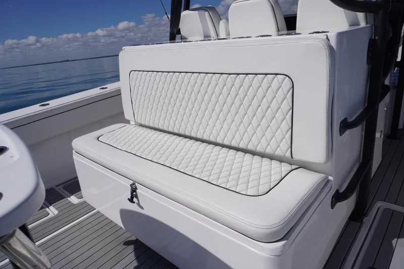  Yacht Photos Pics 2019 SeaHunter 45 Tournament boat with luxurious white quilted seating.