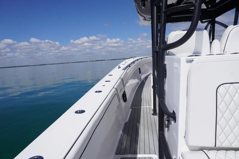  Yacht Photos Pics 2019 SeaHunter 45 Tournament boat on calm water under a clear blue sky.