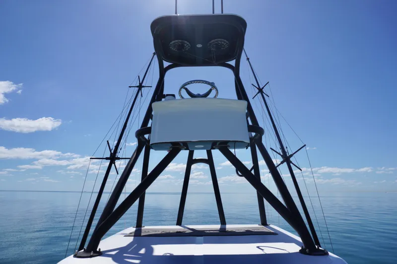  Yacht Photos Pics 2019 SeaHunter 45 Tournament boat tower against clear blue sky and calm sea.