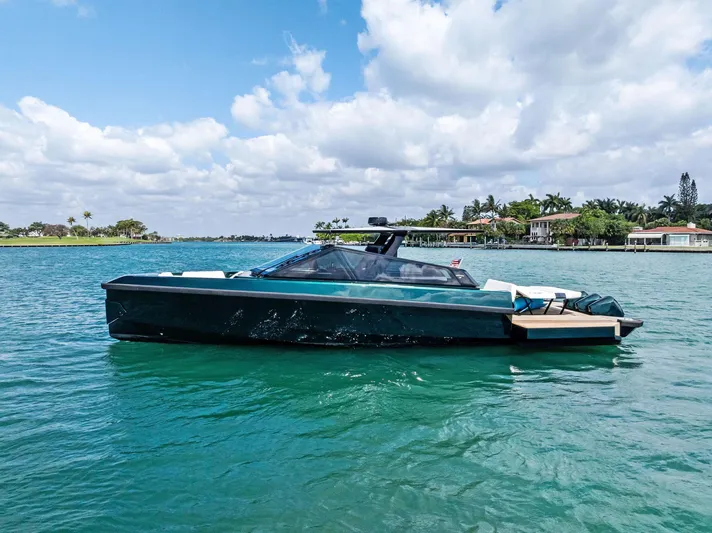 Green Eyes Yacht Photos Pics 2023 Wally Wallytender 43X yacht on serene blue water under a partly cloudy sky.