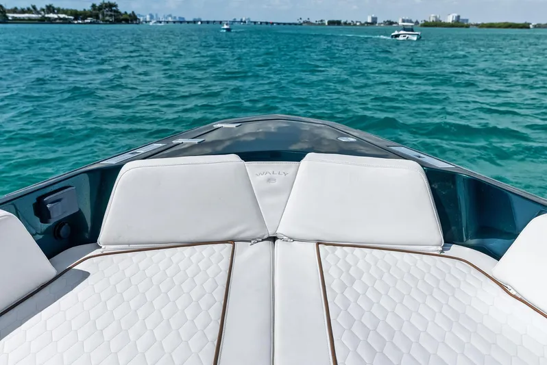 Green Eyes Yacht Photos Pics Luxurious 2023 Wally Wallytender 43X yacht with elegant seating on turquoise waters.