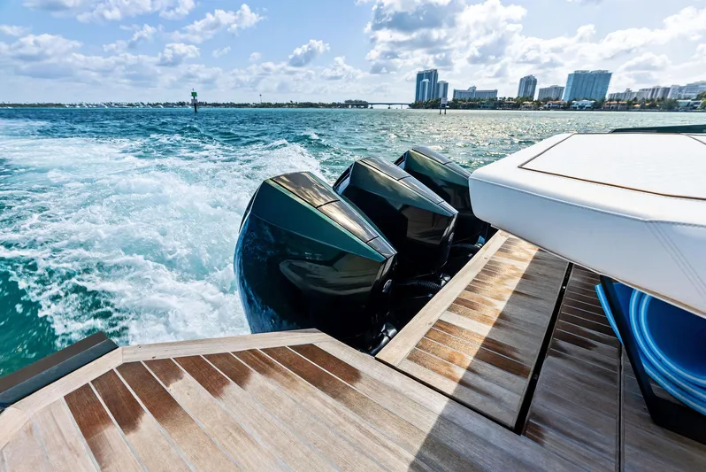 Green Eyes Yacht Photos Pics 2023 Wally Wallytender 43X cruising on open water, showcasing powerful engines and sleek design.