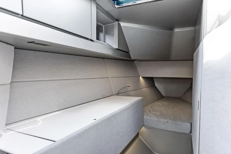 Green Eyes Yacht Photos Pics 2023 Wally Wallytender 43X interior cabin with modern design and sleek furnishings.