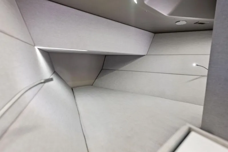 Green Eyes Yacht Photos Pics Interior cabin of 2023 Wally Wallytender 43X, featuring sleek, modern design and lighting.