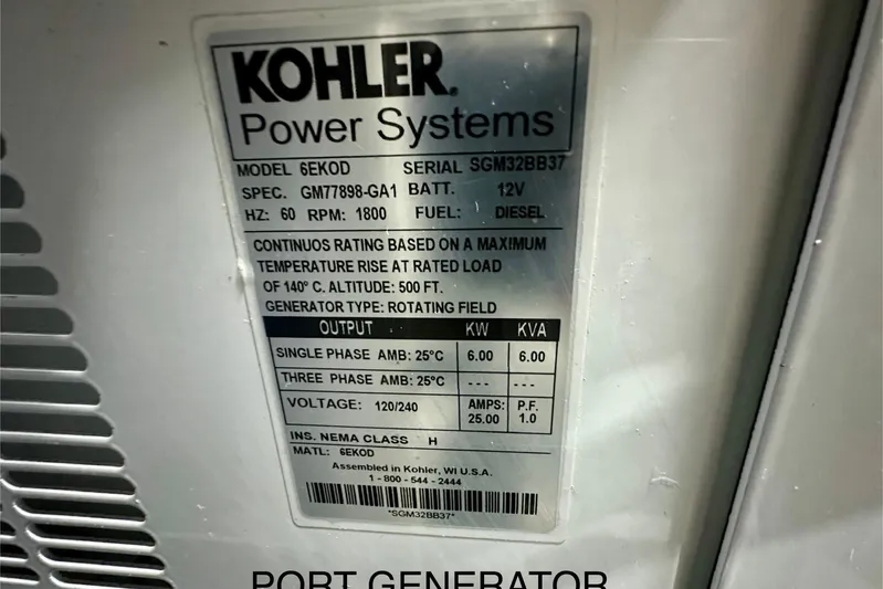  Yacht Photos Pics Kohler Power Systems generator label on Absolute 72 FLY yacht, model 6EKOD, diesel, 2016.