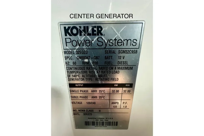  Yacht Photos Pics Kohler Power Systems generator label on Absolute 72 FLY, 2016 model, diesel, 32 kW output.