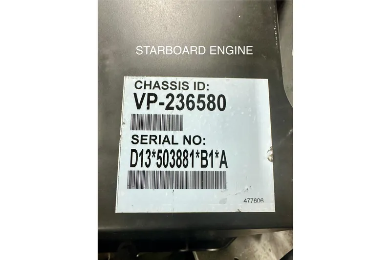  Yacht Photos Pics Label on Absolute 72 FLY 2016 starboard engine with chassis and serial numbers.