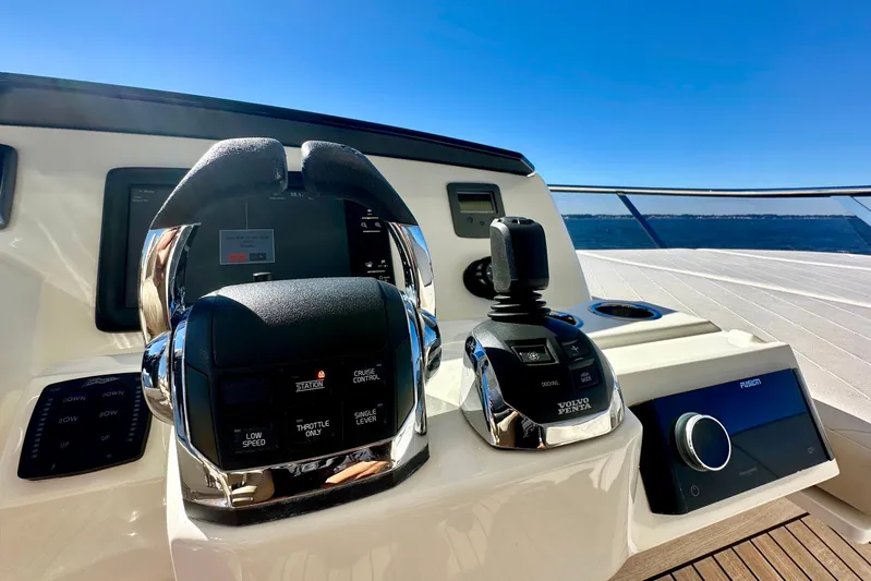  Yacht Photos Pics Control panel of a 2016 Absolute 72 FLY yacht with ocean view.