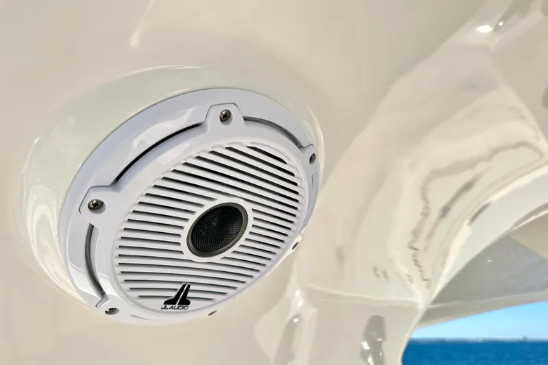  Yacht Photos Pics JL Audio speaker on 2016 Absolute 72 FLY yacht, white interior, ocean view.