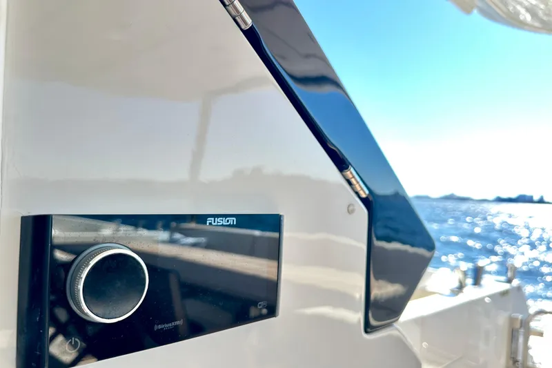  Yacht Photos Pics Close-up of Absolute 72 FLY yacht's audio system, 2016 model, with ocean in background.
