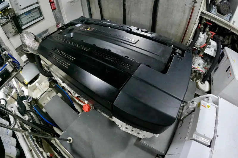  Yacht Photos Pics Engine room of 2016 Absolute 72 FLY yacht, showcasing advanced machinery and components.