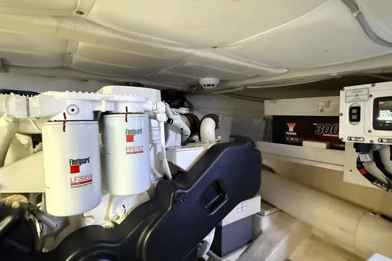  Yacht Photos Pics Engine room of a 2021 Itama 45 S yacht with Fleetguard filters and Yuasa battery.