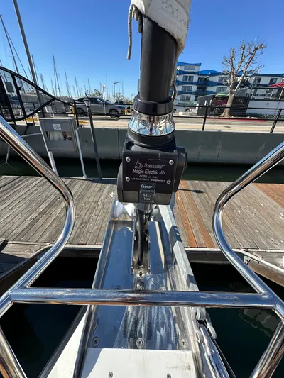 Dharma Yacht Photos Pics Jeanneau 57 sailboat bow detail at marina, 2013 model.