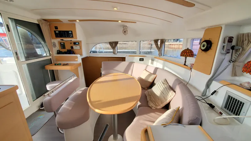 Blue Mind Yacht Photos Pics Interior of 2018 Lagoon 380 S2 catamaran with cozy seating and modern amenities.