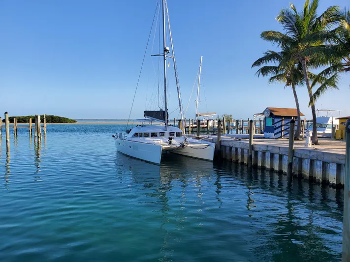 Blue Mind Yacht Photos Pics 2018 Lagoon 380 S2 catamaran docked by palm trees in a serene marina.