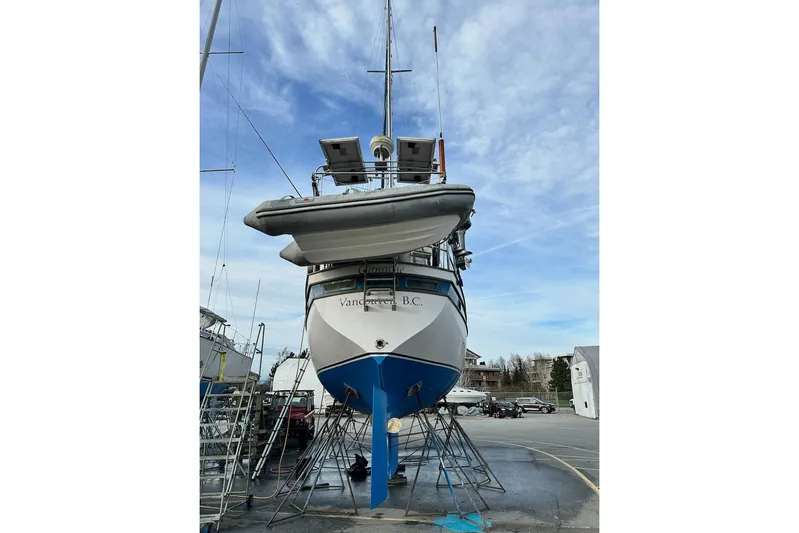 Ganache II Yacht Photos Pics 1985 Liberty 458 sailboat on dry dock, Vancouver, B.C., under clear sky.