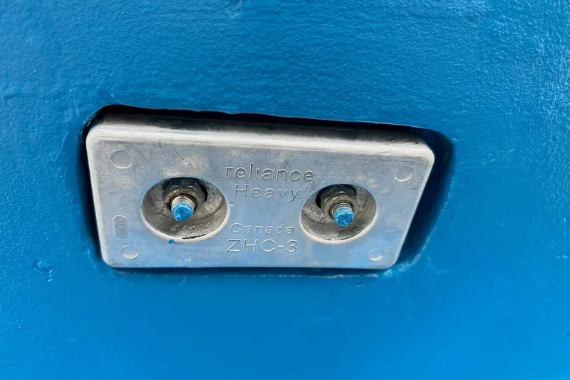 Ganache II Yacht Photos Pics Metal plate on blue surface, labeled "reliance Heavy Canada ZHC-3," Liberty 458, 1985.