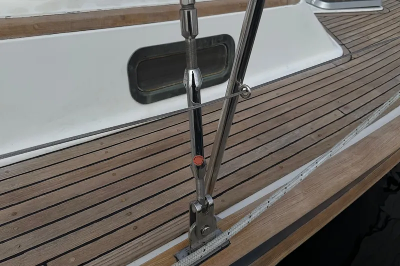 Ganache II Yacht Photos Pics Deck of 1985 Liberty 458 yacht with stainless steel rigging and wooden finish.