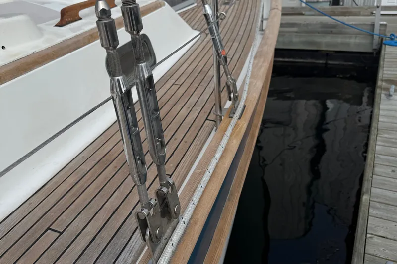 Ganache II Yacht Photos Pics Close-up of 1985 Liberty 458 yacht deck with stainless steel rigging.