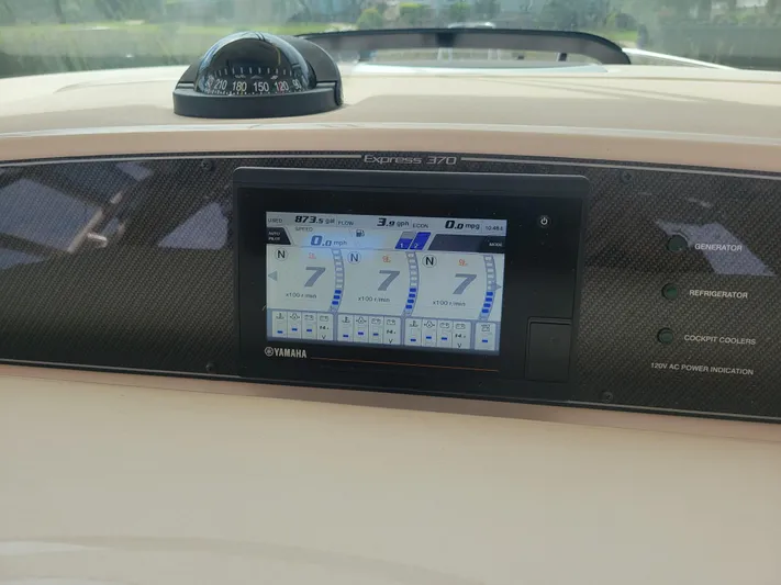  Yacht Photos Pics Dashboard of 2022 Grady-White Express 370 boat with Yamaha display and compass.
