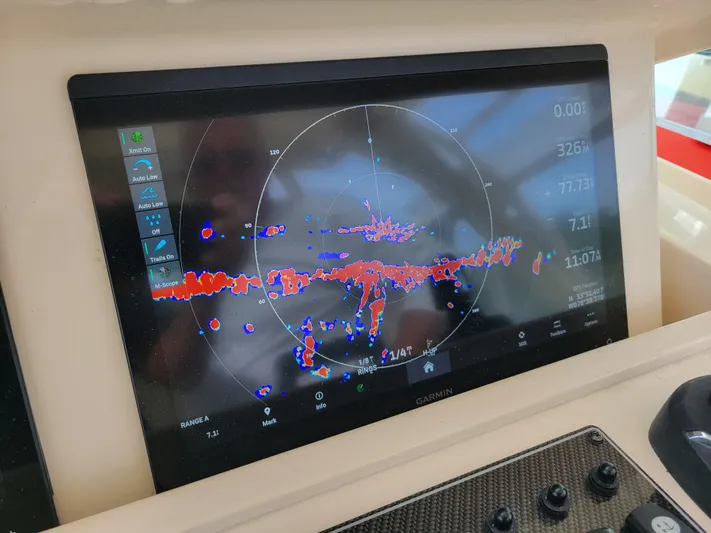  Yacht Photos Pics Garmin navigation display on 2022 Grady-White Express 370 boat, showing radar data.