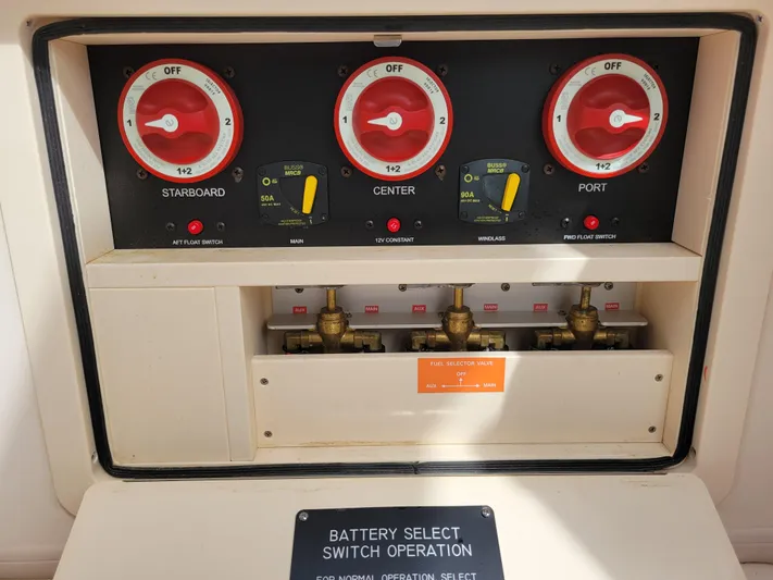  Yacht Photos Pics Battery control panel on a 2022 Grady-White Express 370 boat.