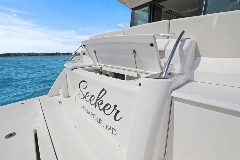 Seeker Yacht Photos Pics 2023 Tiara Yachts C49 Coupe, rear view with "Seeker" name, Annapolis, MD.