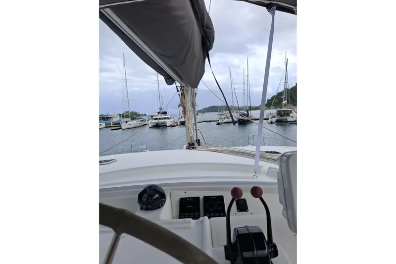  Yacht Photos Pics Cockpit view from a 2010 Lagoon 500 yacht docked in a marina.