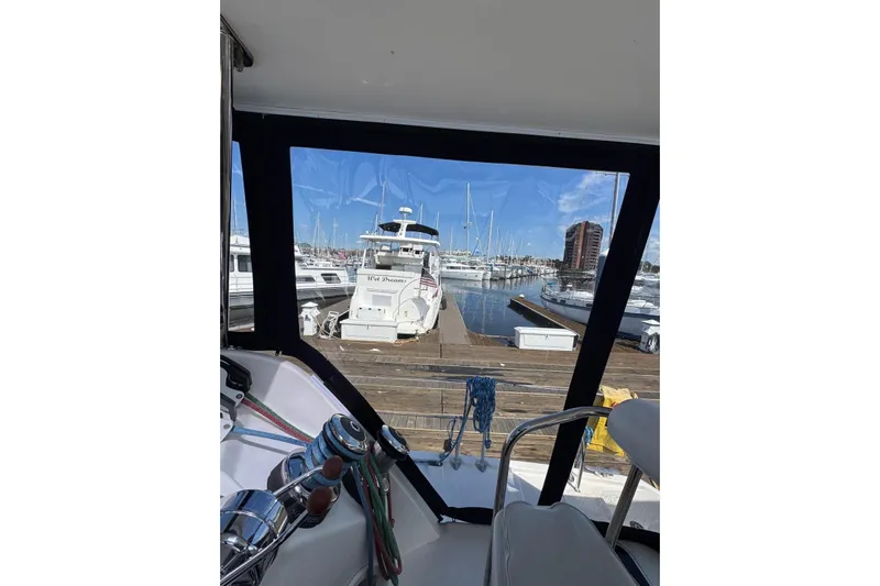  Yacht Photos Pics View from a 2012 Leopard 39 Owner's Version yacht, overlooking a marina with boats.