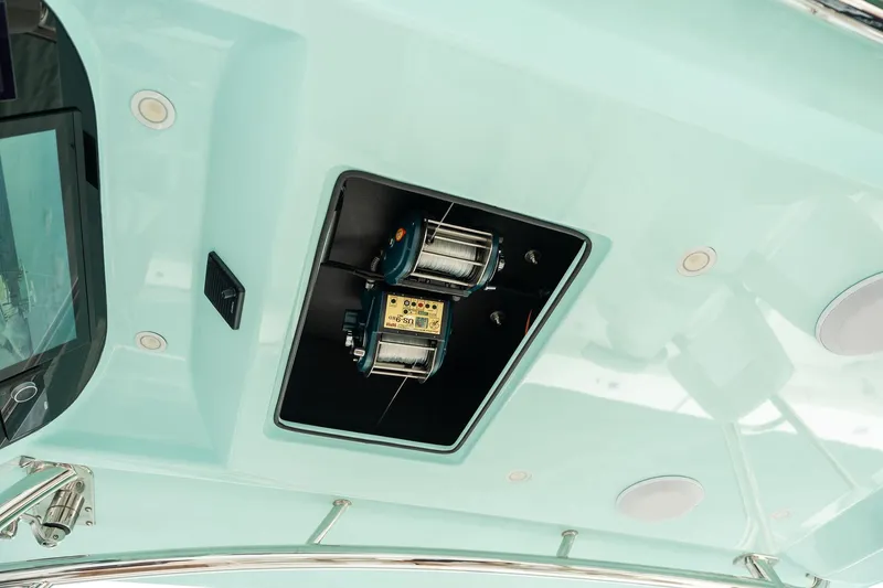  Yacht Photos Pics 2025 Mag Bay 43 CC boat ceiling with built-in fishing equipment.