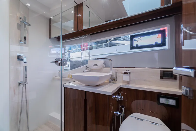Allouise Yacht Photos Pics Luxurious bathroom interior of 2022 Galeon 460 Fly yacht with modern fixtures and elegant design.