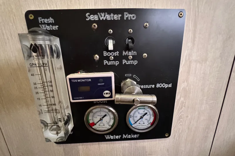 Daylight Yacht Photos Pics Control panel of a SeaWater Pro water maker on a 2018 Leopard 40 yacht.