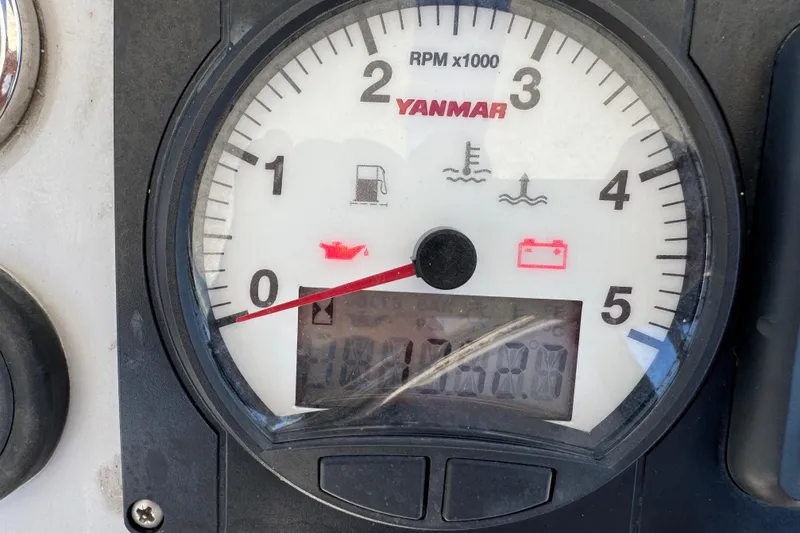 Daylight Yacht Photos Pics Yanmar RPM gauge on 2018 Leopard 40, displaying engine indicators and digital readout.