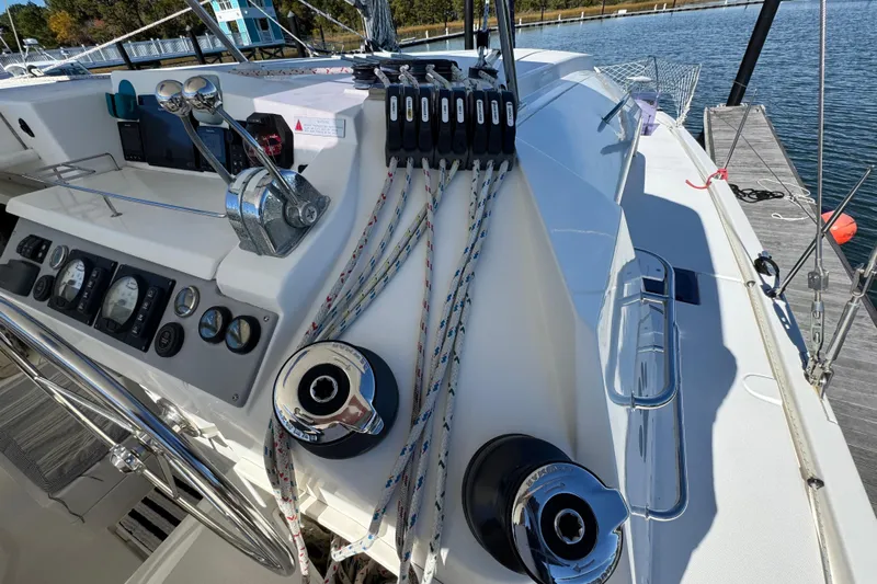 Daylight Yacht Photos Pics Cockpit of 2018 Leopard 40 catamaran with control panel and winches.