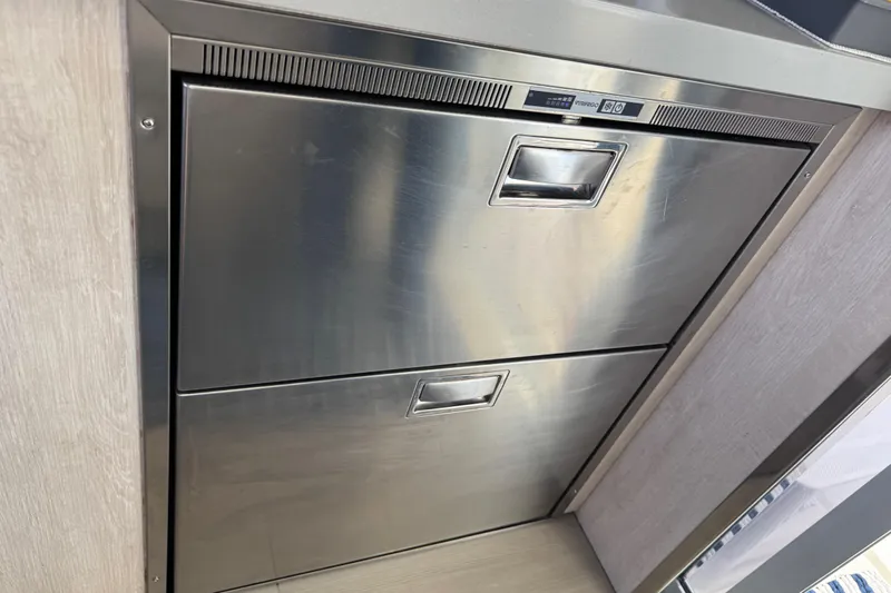 Daylight Yacht Photos Pics Stainless steel drawer unit on a 2018 Leopard 40 yacht interior.
