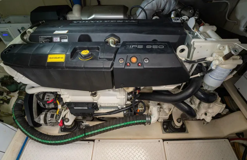 True North Yacht Photos Pics Engine compartment of a 2017 Tiara Yachts F53 Flybridge, featuring a Volvo Penta IPS 950.