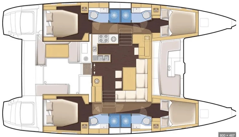 Ivana V Yacht Photos Pics Floor plan of a 2012 Lagoon 450 catamaran, featuring cabins, bathrooms, and a central living area.