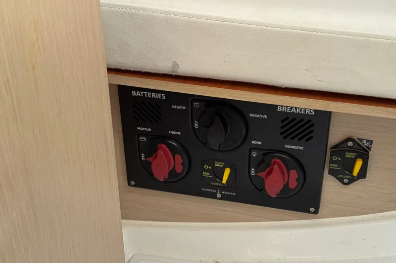 Kaifu Yacht Photos Pics Control panel of a 2020 Beneteau Oceanis 30.1 yacht, featuring battery and breaker switches.