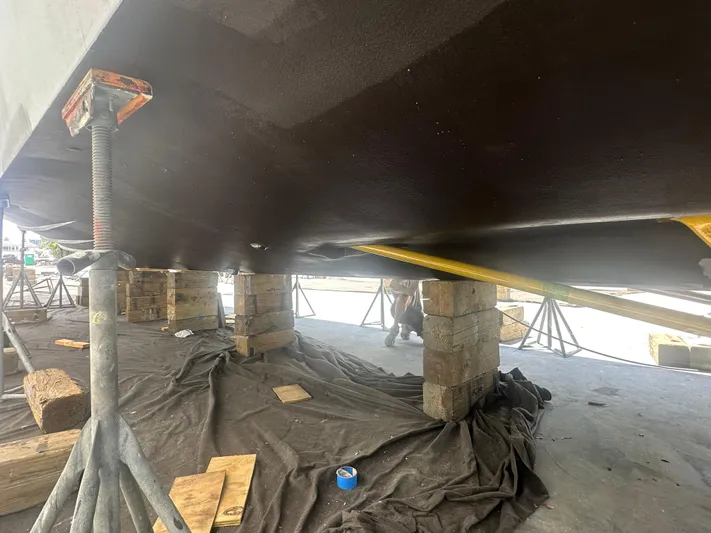  Yacht Photos Pics Underneath view of a 2015 Princess f56 yacht supported by blocks and stands.
